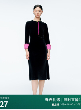 婉甸2025年冬季新品黑色拼接丝绒优雅连衣裙1244N01DM1