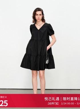 婉甸2025夏季新品黑色/克莱茵蓝短袖连衣裙1242N61SX2