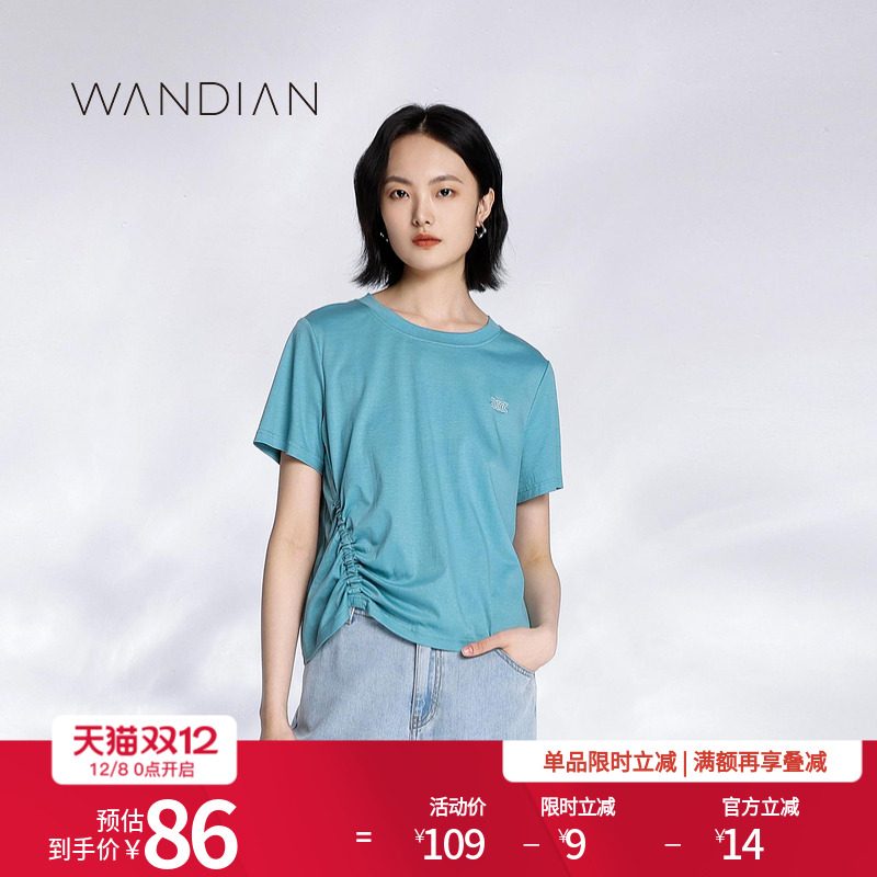 婉甸宝石蓝简约不对称短袖T恤夏季新品