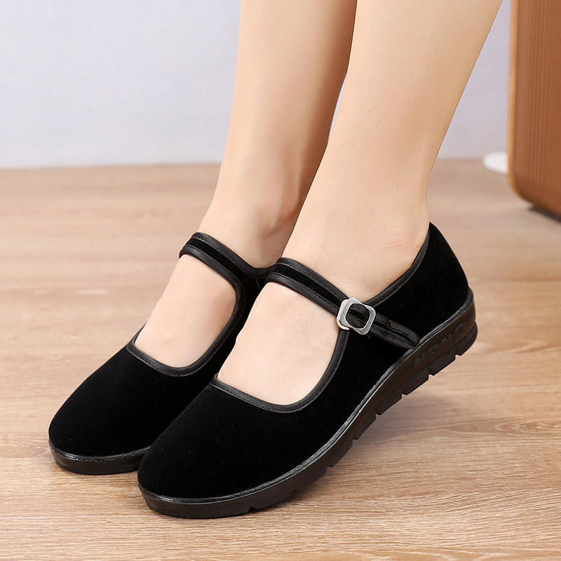 正品春秋女款平底黑平绒一带鞋酒店工装单鞋厚底妈妈鞋老北京布鞋