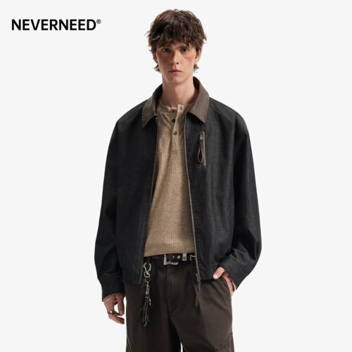 NEVERNEED撞色翻领仿牛仔夹克外套男女秋季美式复古短款工装上衣