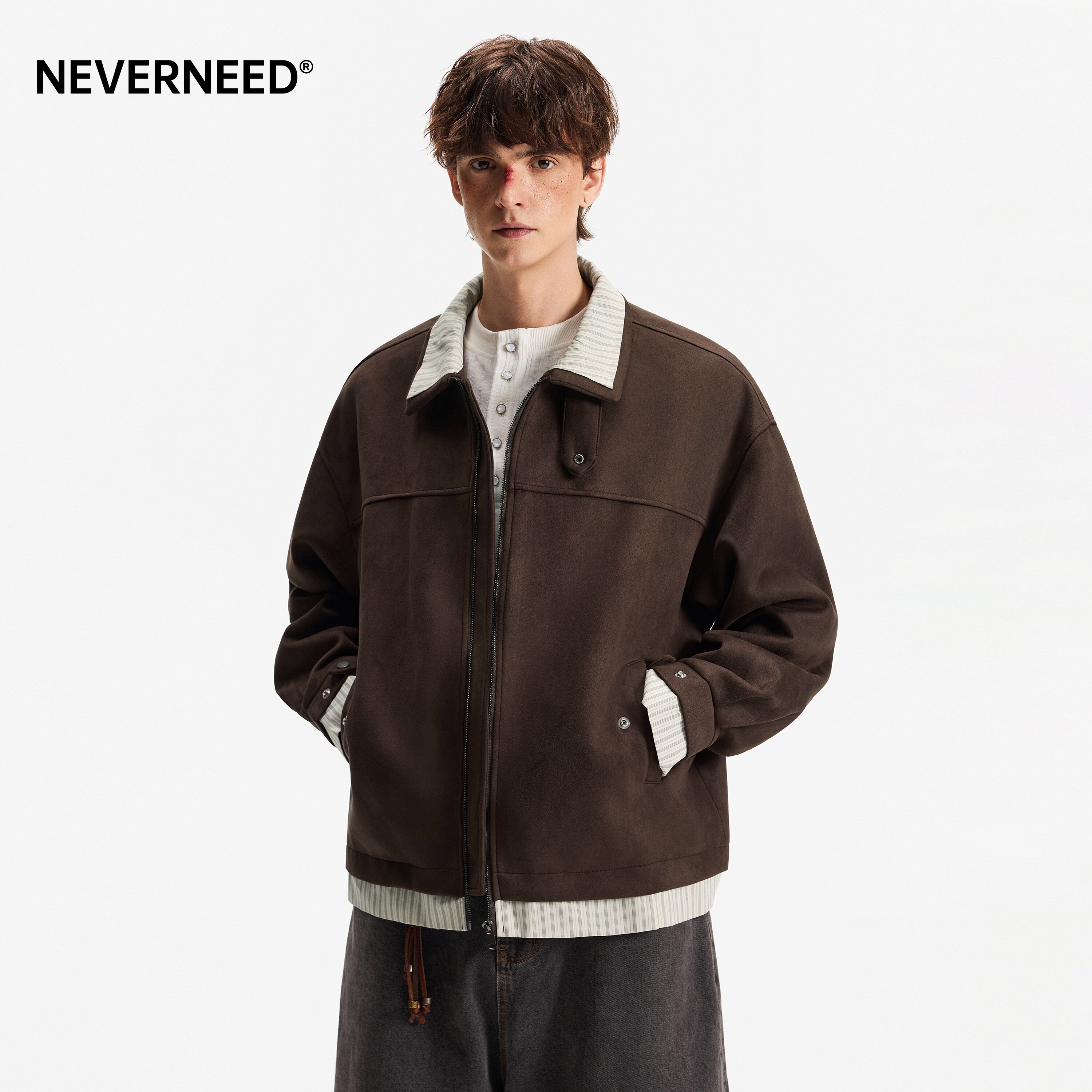 NEVERNEED麂皮绒假两件夹克男女春季美式潮牌休闲空气层翻领外套