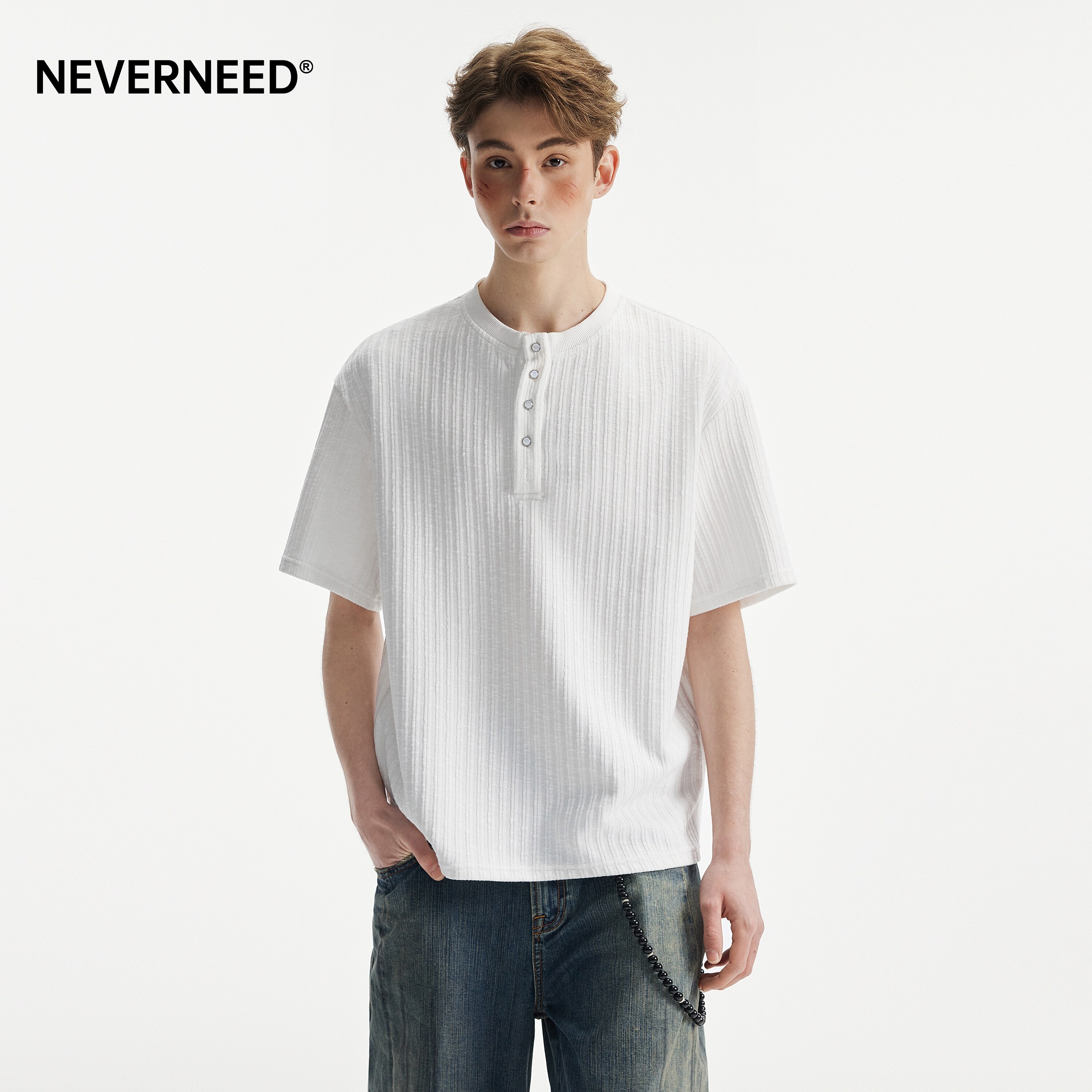 NEVERNEED肌理感条纹亨利领T恤男图片