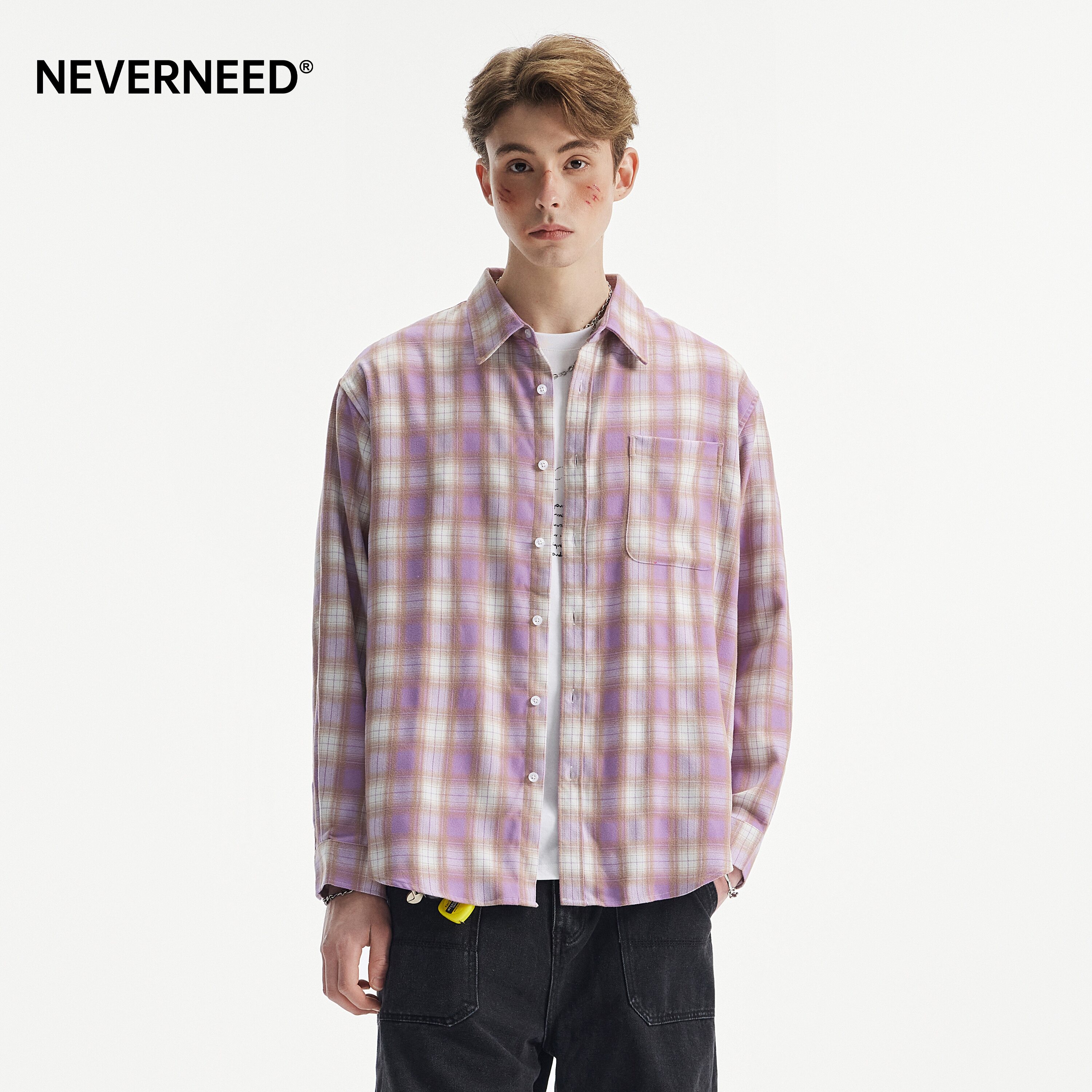 NEVERNEED撞色格纹长袖衬衫男图片