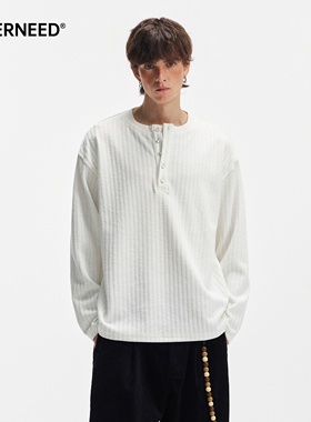 NEVERNEED肌理感条纹T恤男女秋季美式cleanfit简约亨利领长袖上衣