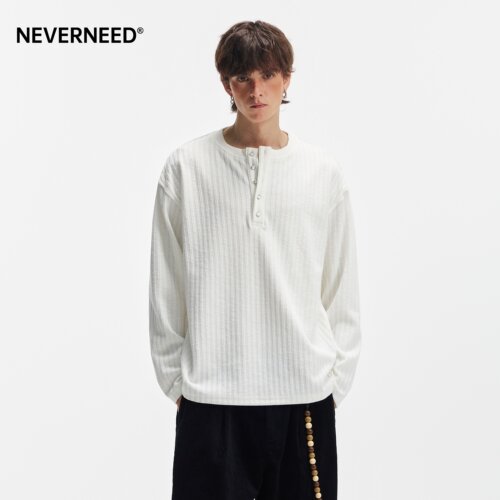 NEVERNEED肌理感亨利领条纹T恤男