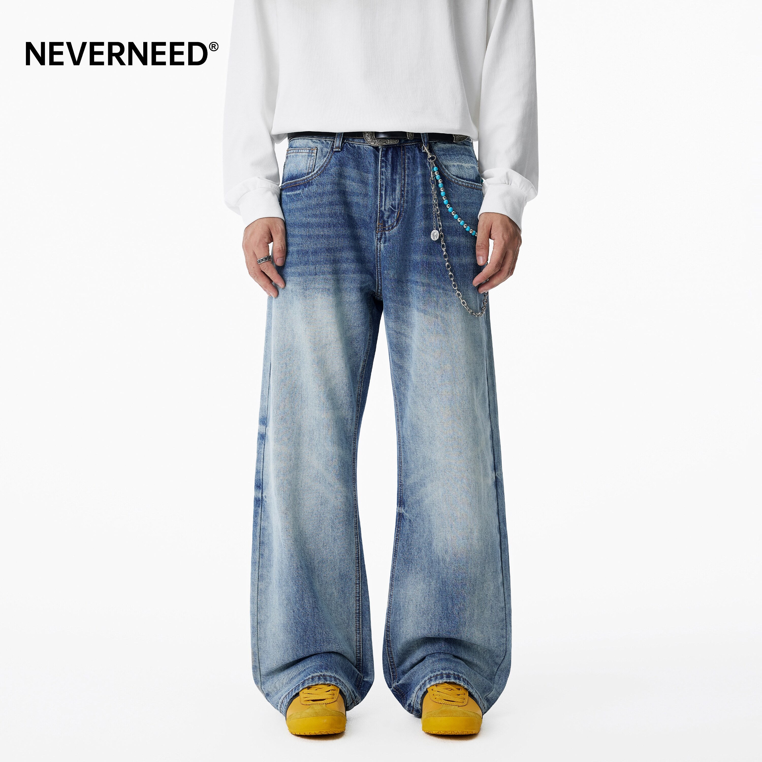NEVERNEED立体猫须牛仔裤男女秋季美式cleanfit战斗牛王微喇裤潮