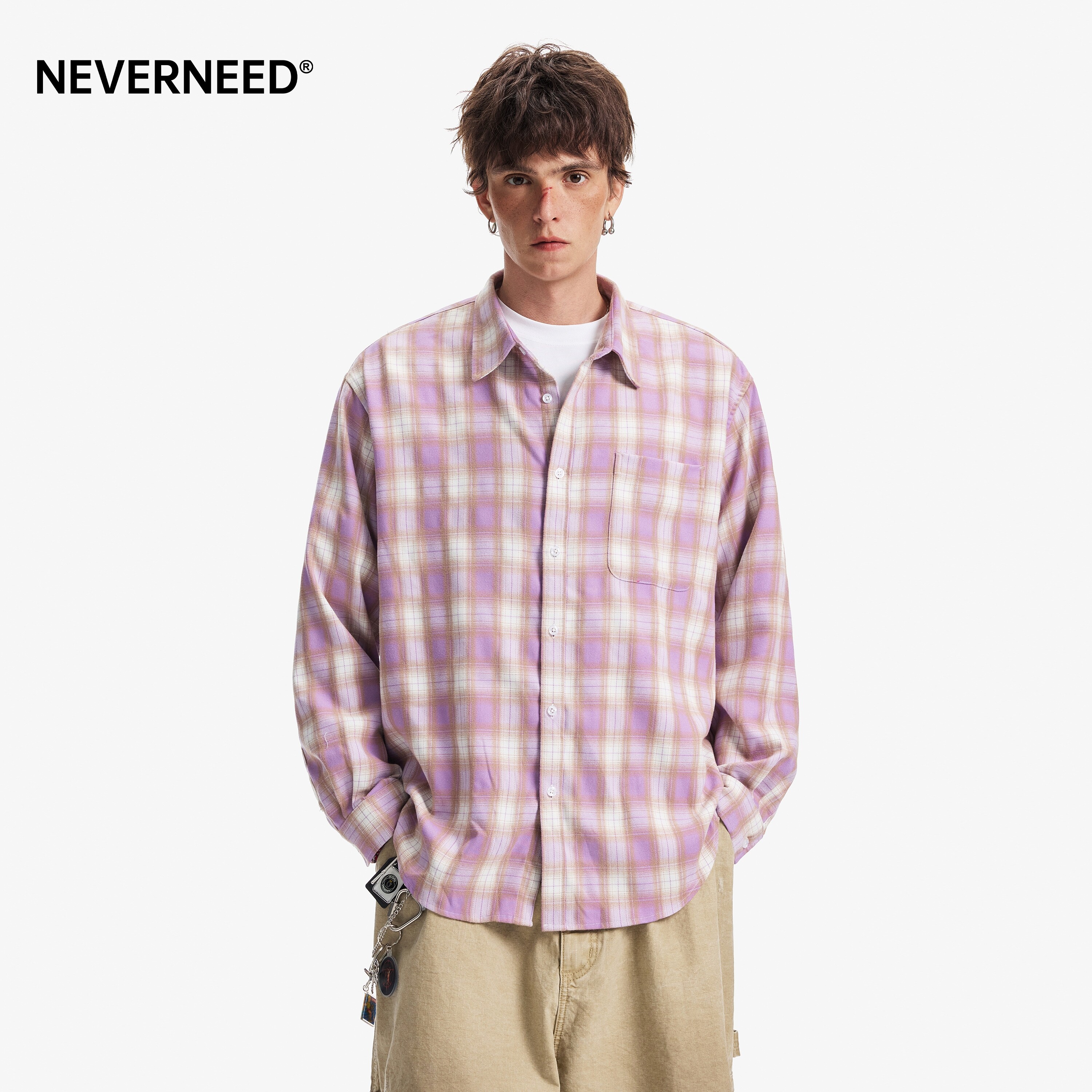 NEVERNEED撞色格子长袖衬衫男女图片