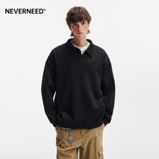 NEVERNEED美式 宽松麦穗提花肌理感情侣上衣 polo领针织T恤男女秋季