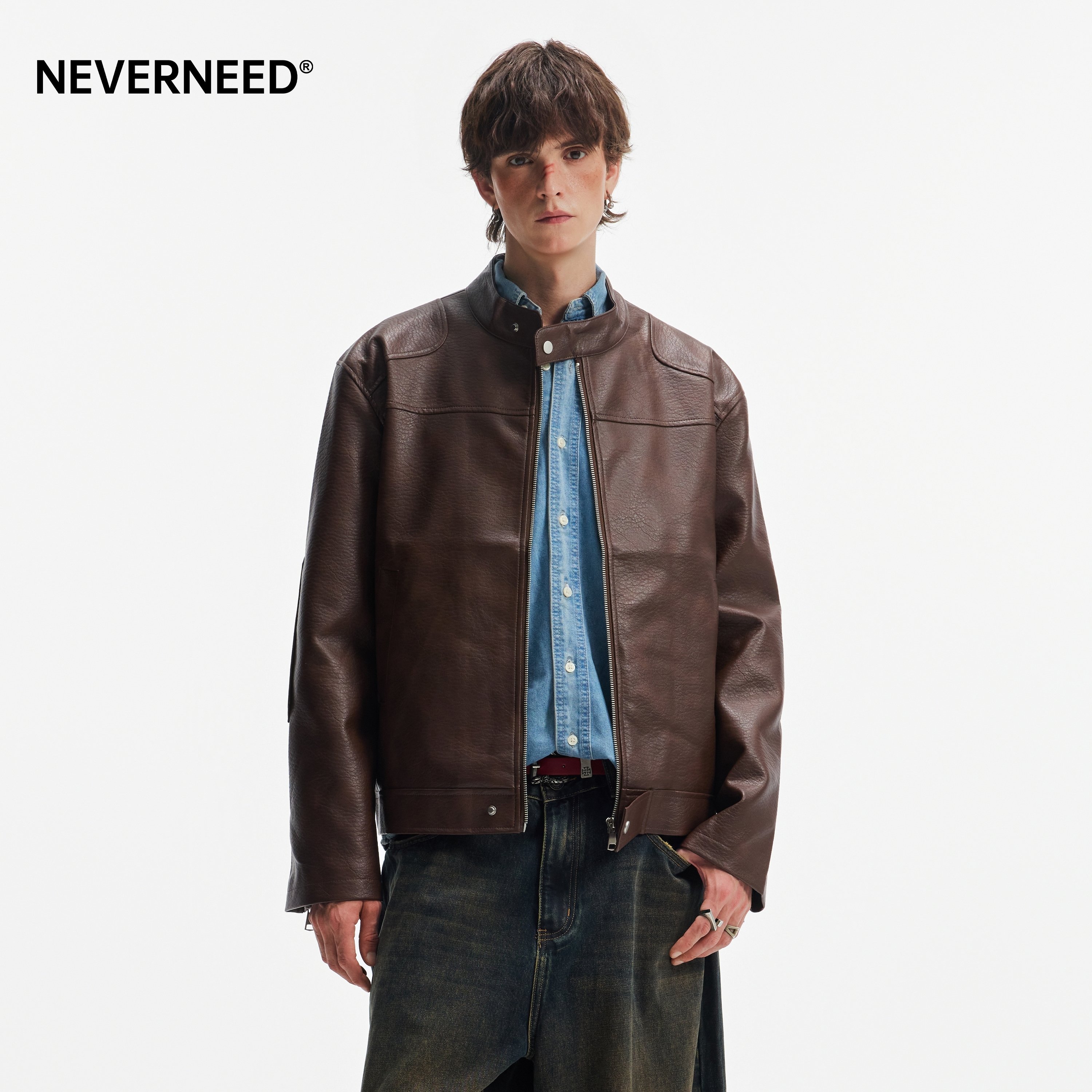 NEVERNEED哈灵顿立领皮夹克男女图片