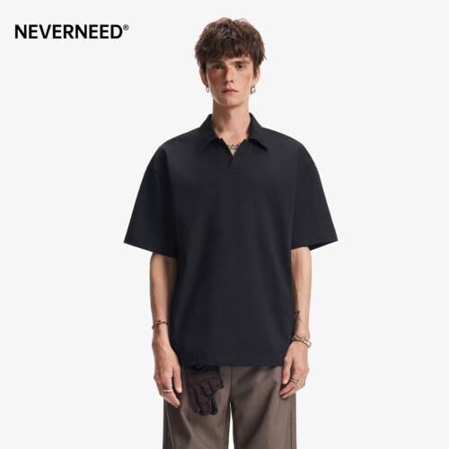 NEVERNEED老钱风V领短袖T恤男女