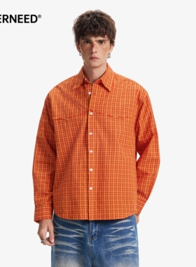 NEVERNEED美式复古橙色格子衬衫男女春季潮牌宽松百搭翻领衬衣潮