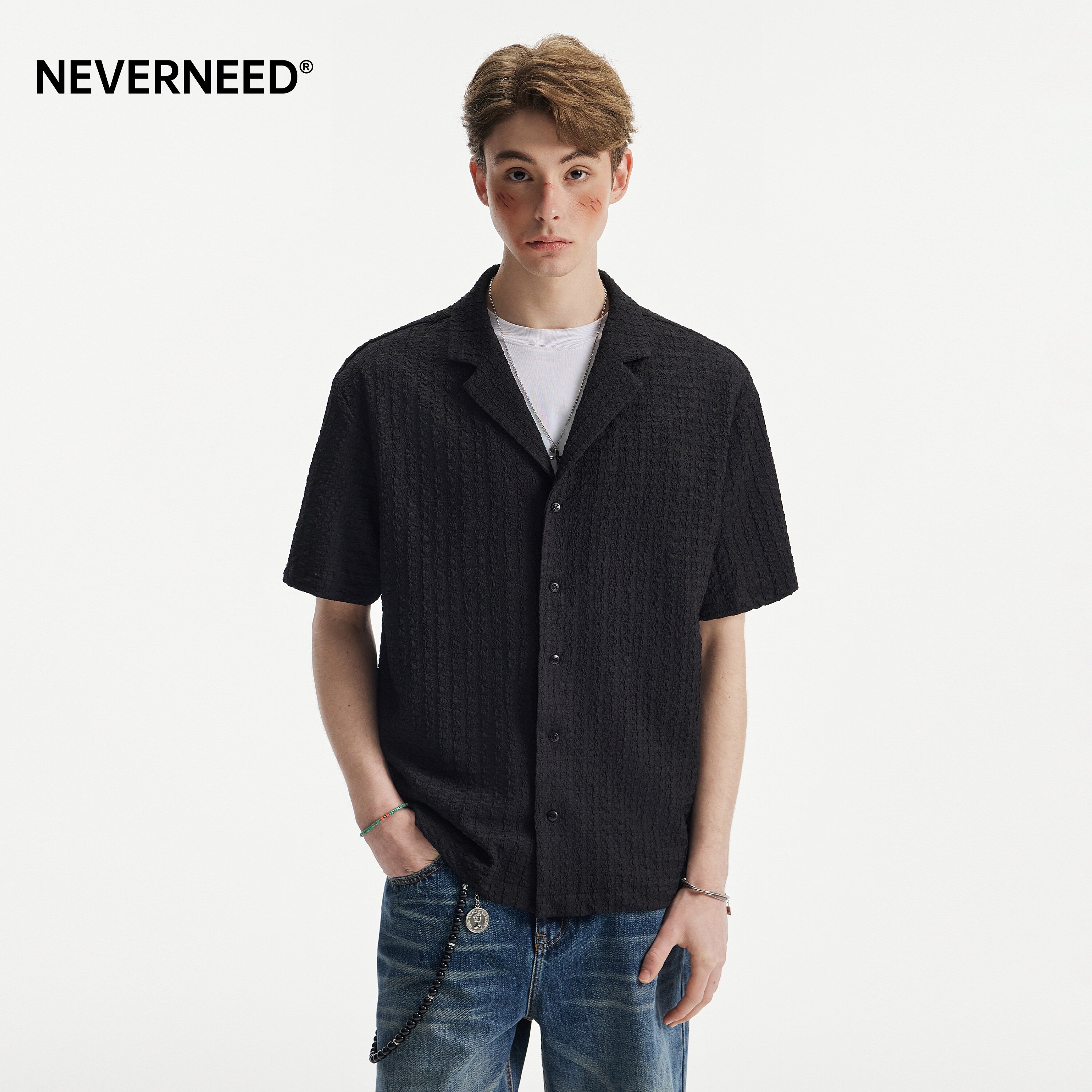 NEVERNEED提花古巴领短袖衬衫男图片