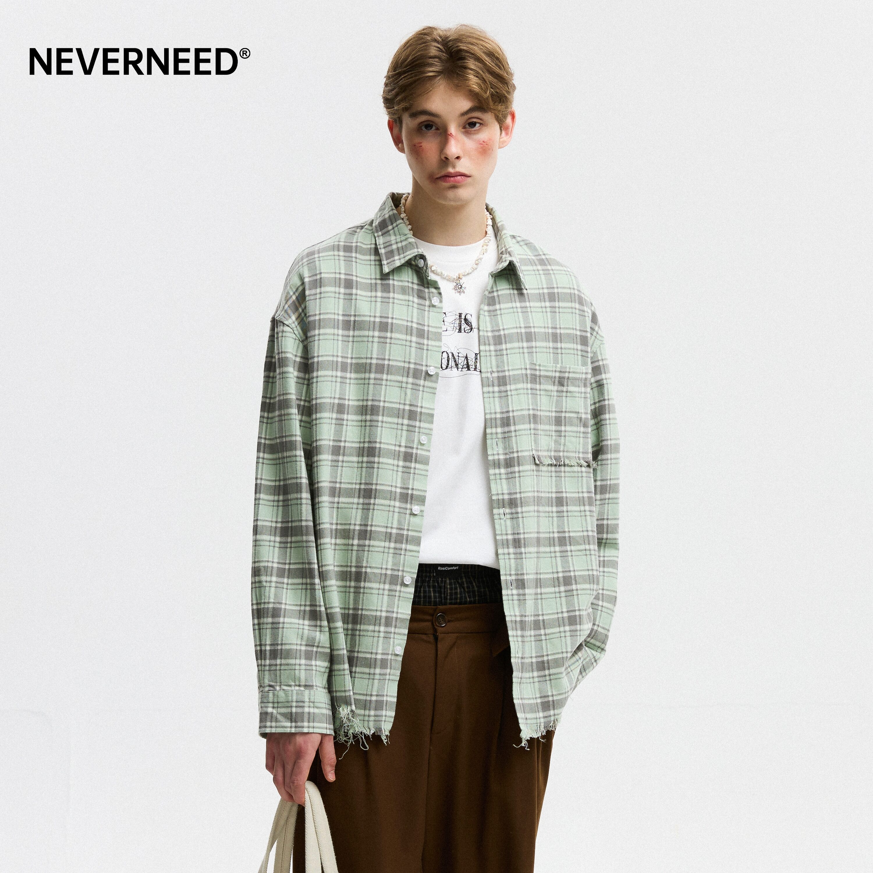 NEVERNEED纯棉毛边格子衬衫男女图片