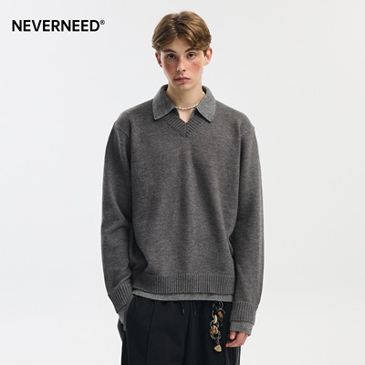 NEVERNEED纯色假两件V领毛衣男