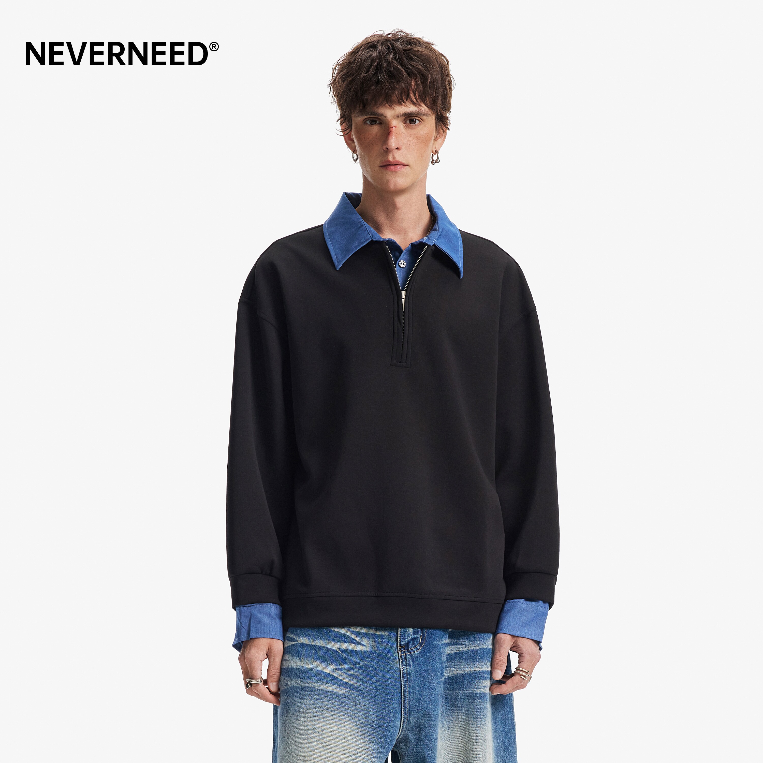 NEVERNEED假两件长袖卫衣男女春图片