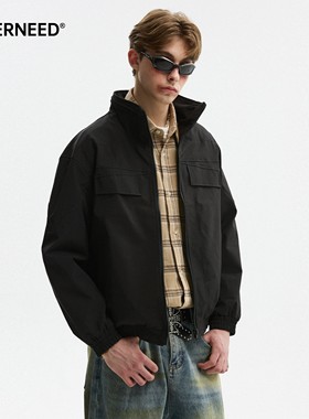 NEVERNEED黑色立领解构工装夹克男女秋季美式复古vintage休闲外套