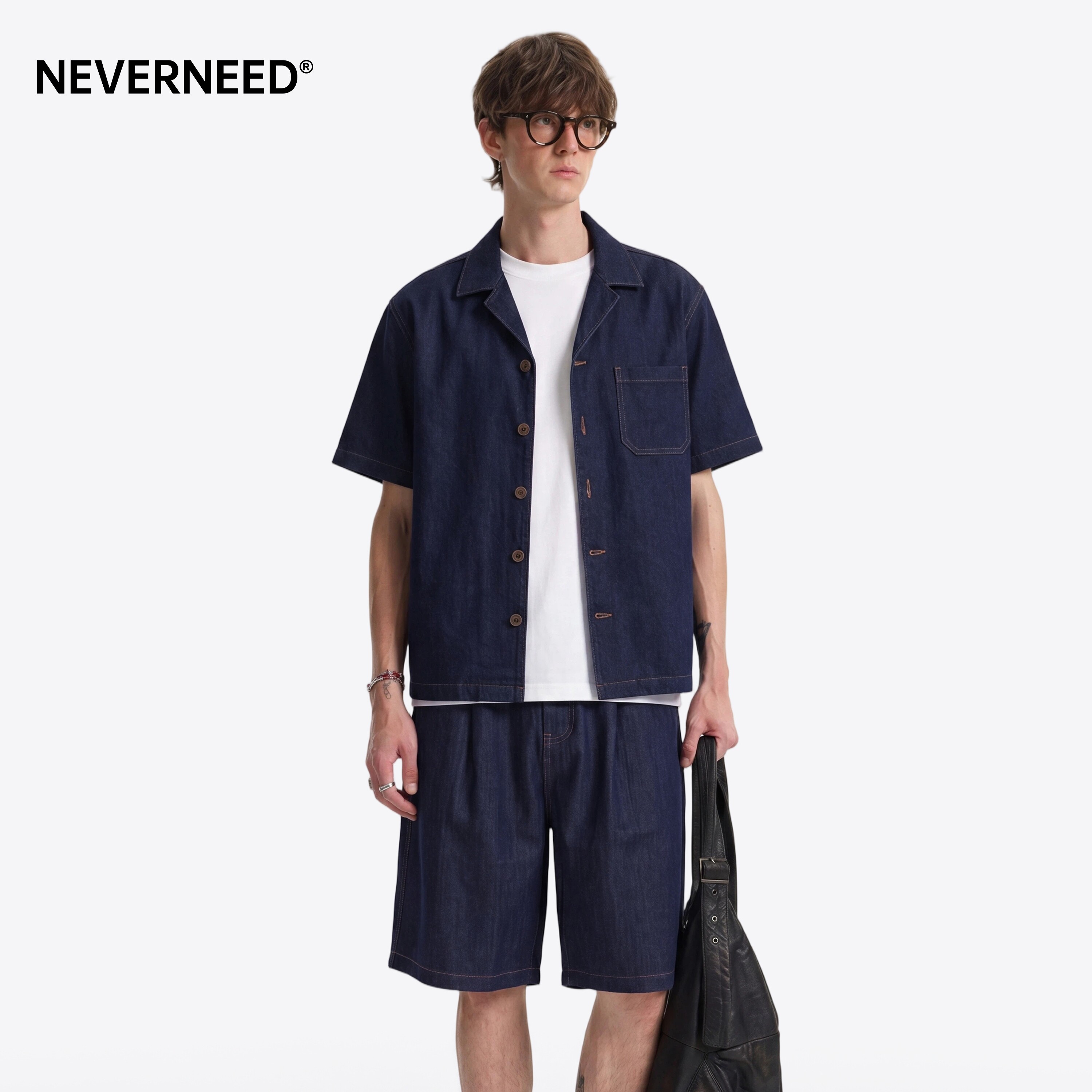 NEVERNEED莱赛尔牛仔衬衫短裤套装男女夏季美式cleanfit两件套潮图片