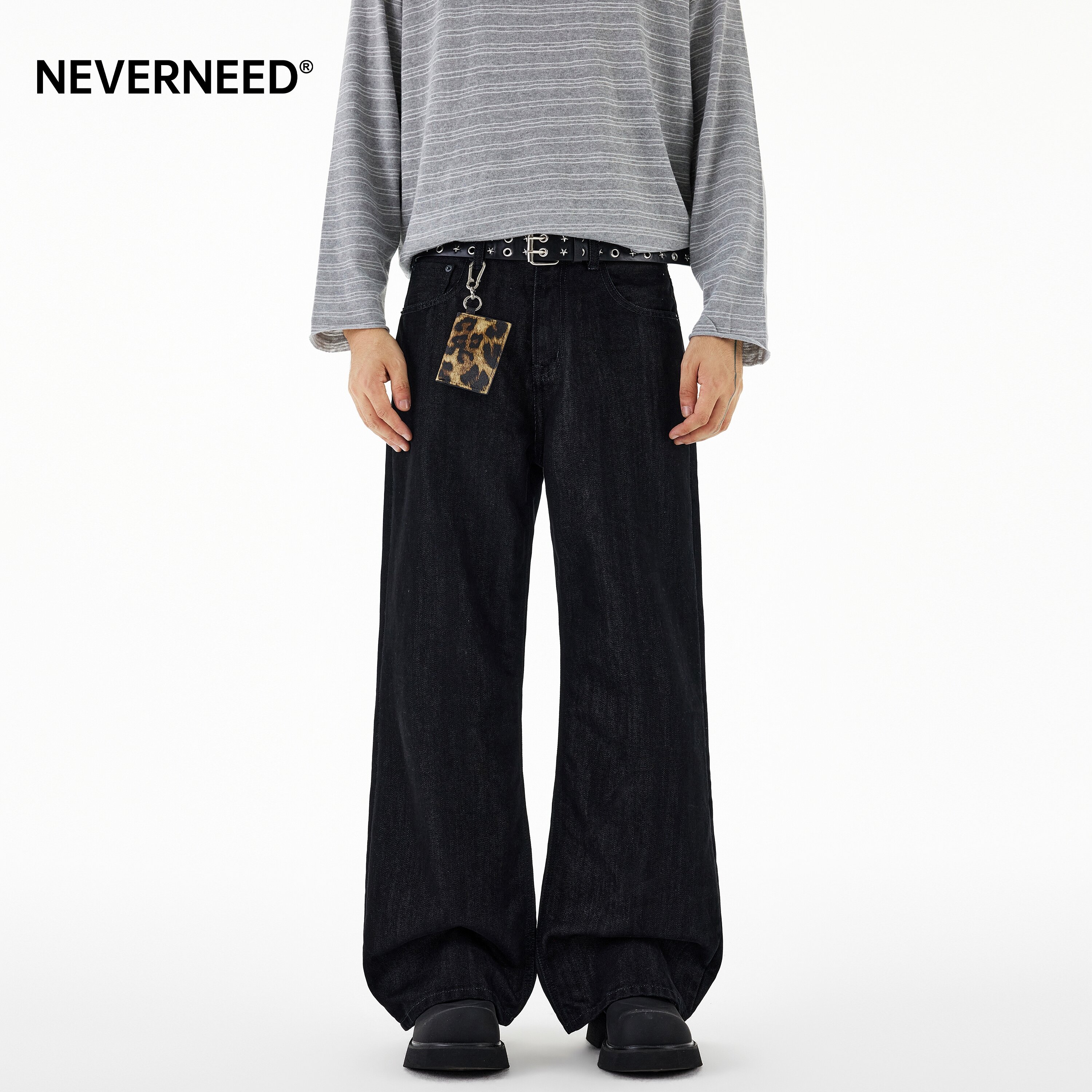NEVERNEED黑色直筒迷彩牛仔裤男图片