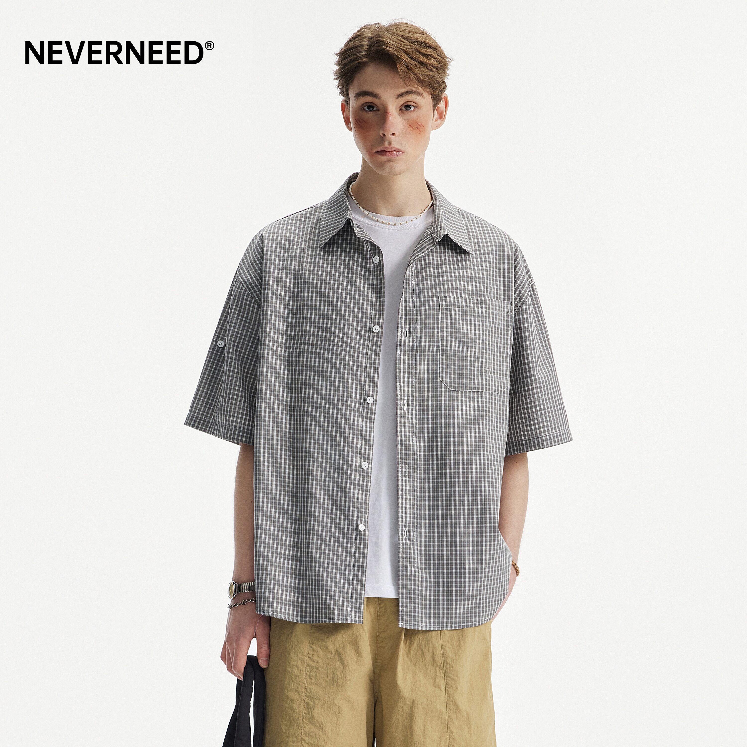 NEVERNEED纯色格子翻领衬衫男女图片