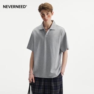 潮牌纯色简约休闲短袖 男女夏季 T恤潮 复古V领POLO衫 NEVERNEED美式