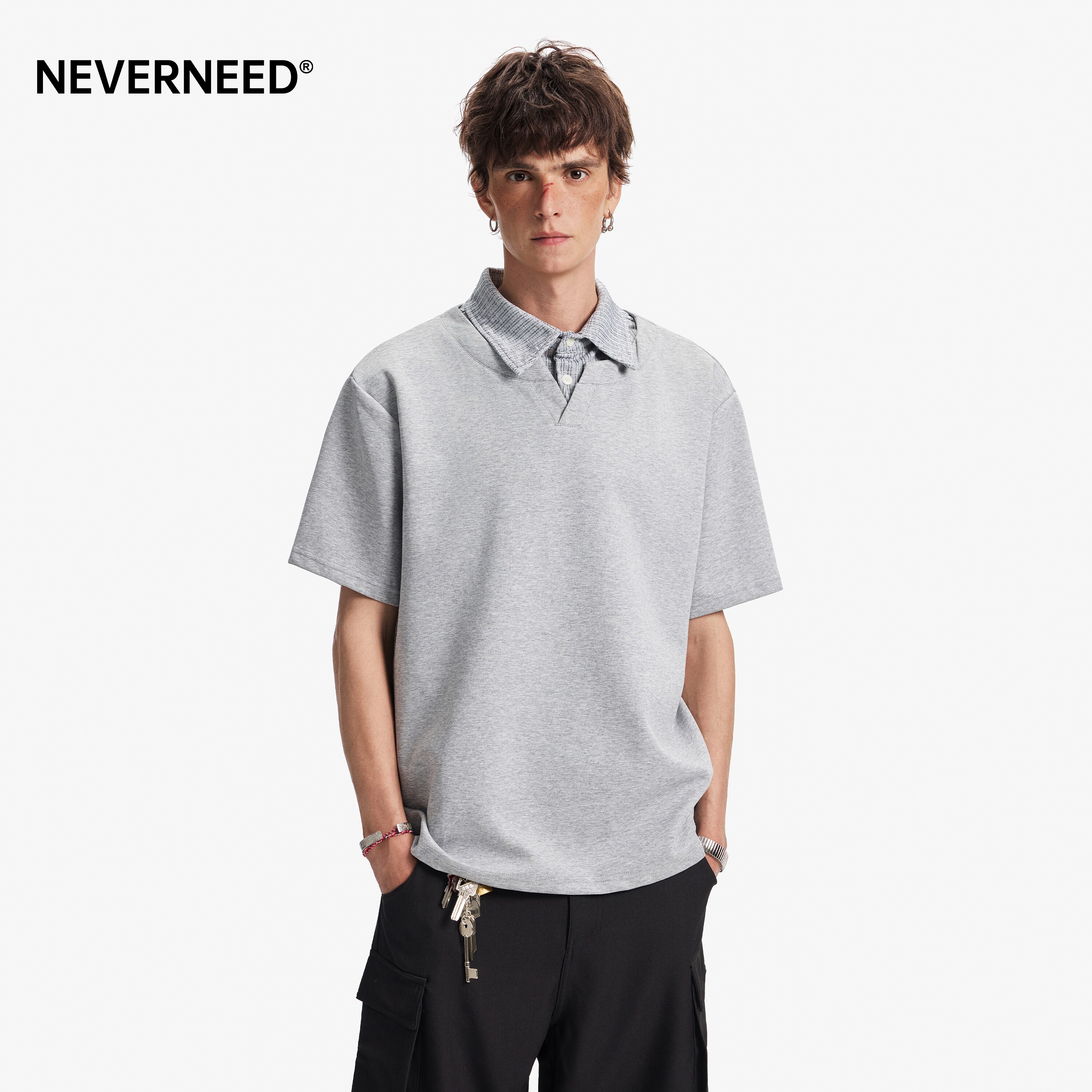 NEVERNEED假两件条纹翻领T恤男女图片