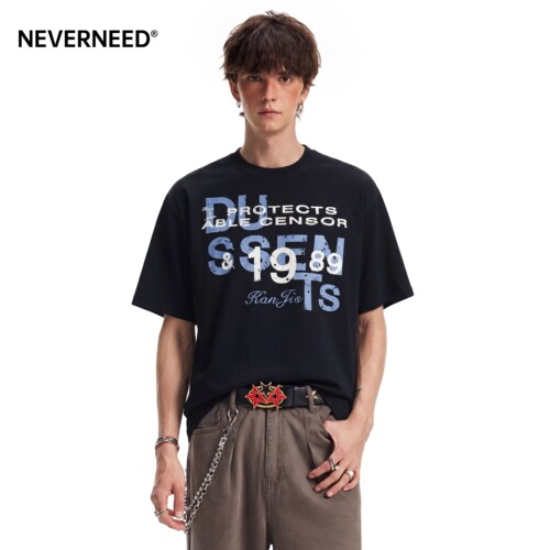 NEVERNEED字母印花圆领短袖T恤男