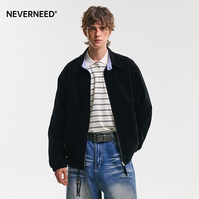 NEVERNEED黑色短款立领夹克男