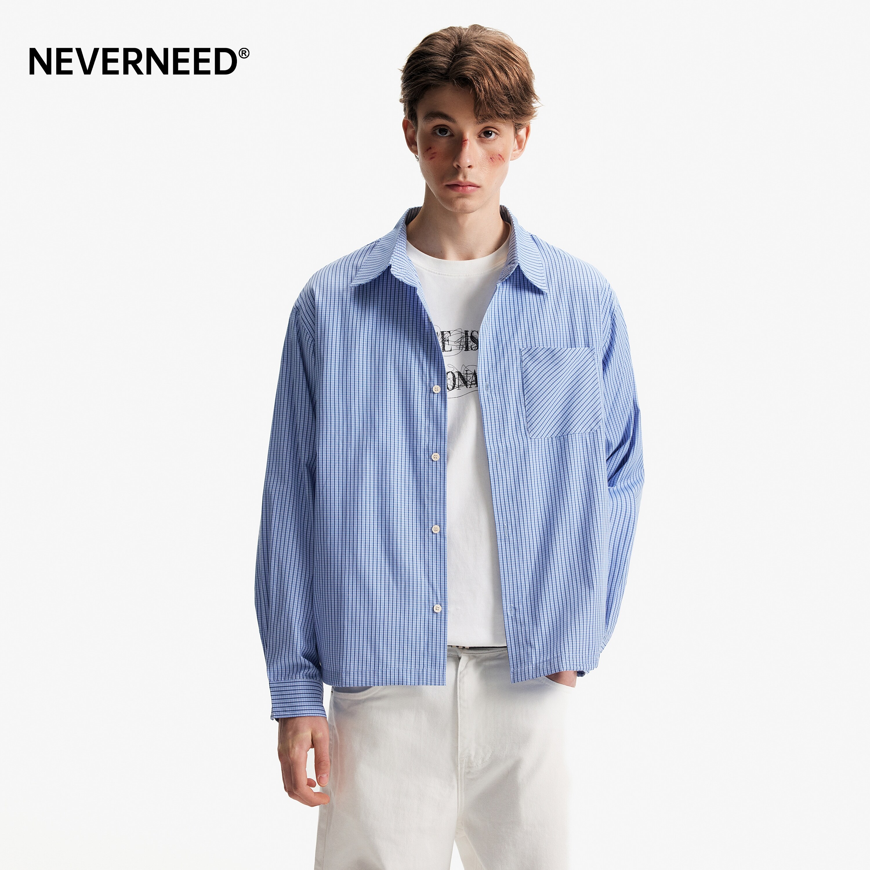 NEVERNEED条纹翻领长袖衬衫外套图片