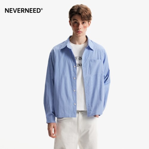 NEVERNEED条纹翻领长袖衬衫外套