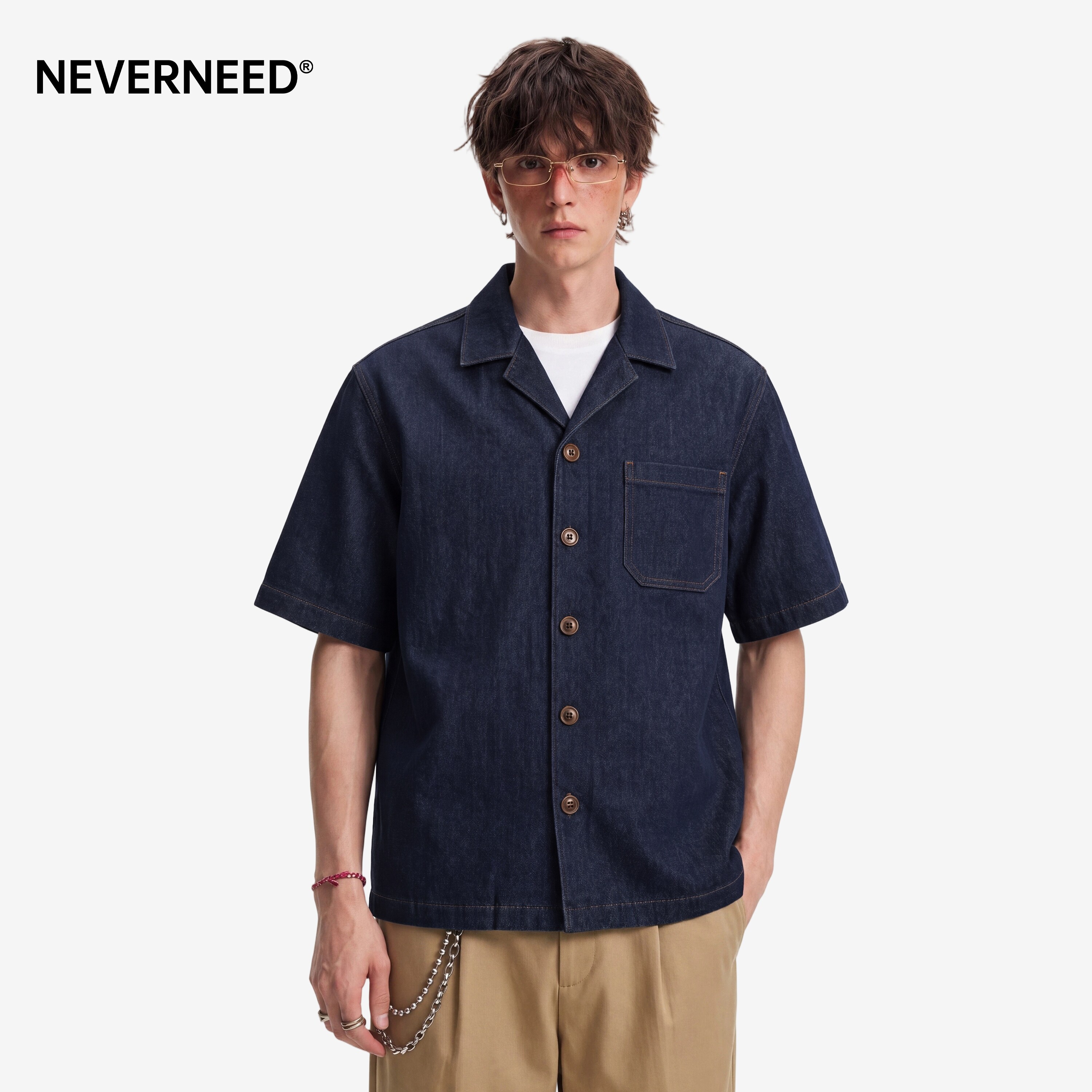 NEVERNEED莱赛尔牛仔短袖衬衫男图片