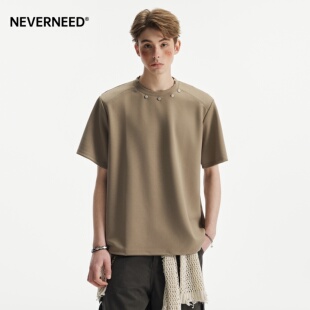 潮牌廓形正肩宽松体恤 t恤夏季 NEVERNEED美式 潮牌金属铆钉圆领短袖