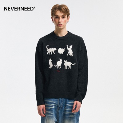 NEVERNEED小猫提花毛衣男女秋冬