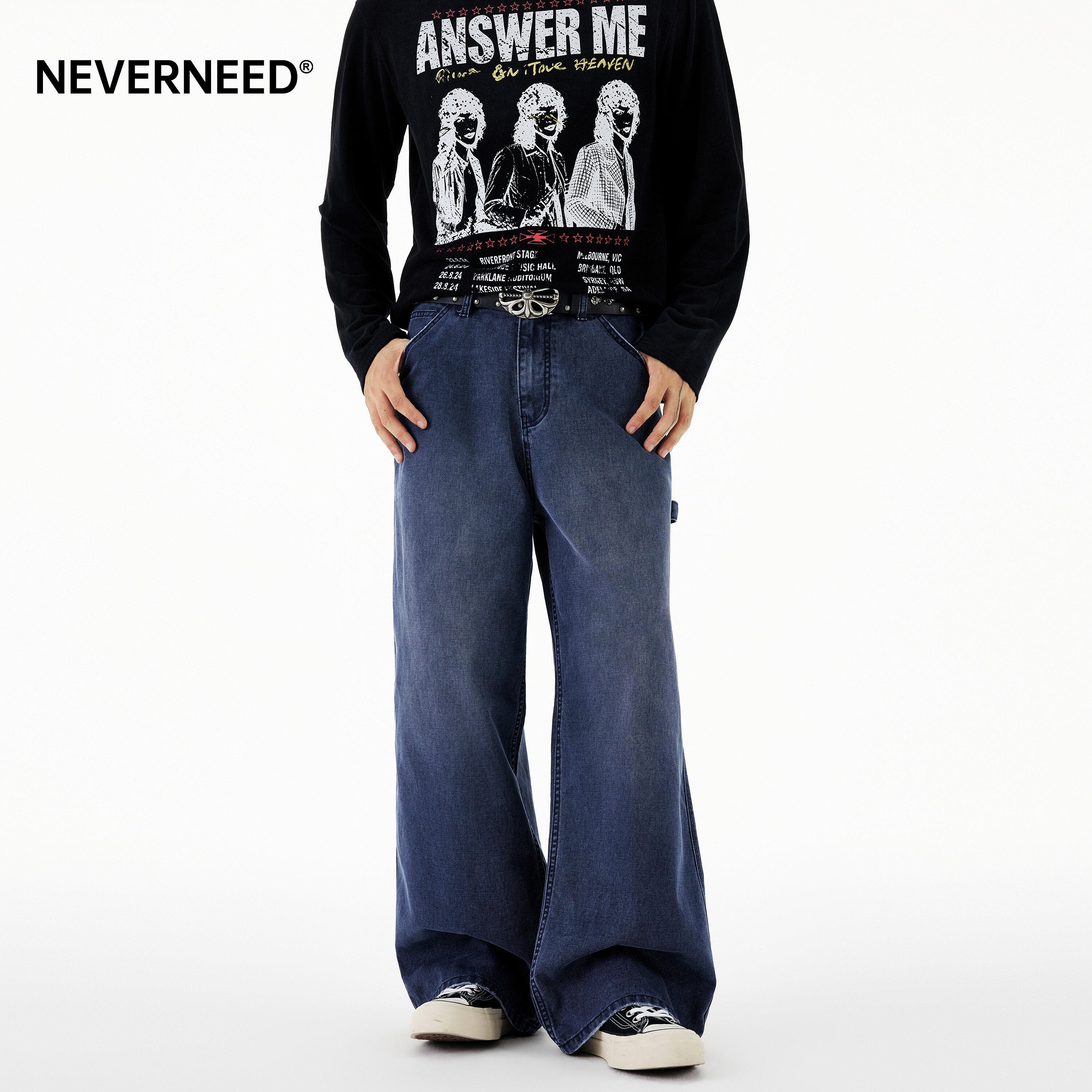 NEVERNEED做旧水洗法工蓝牛仔裤图片
