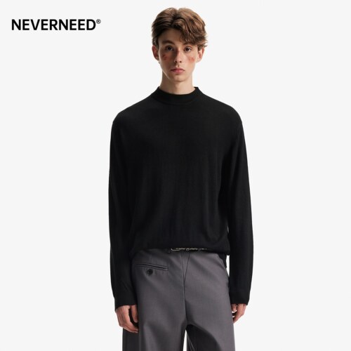 NEVERNEED绵羊毛黑色圆领毛衣男