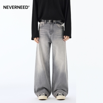 NEVERNEED猫须直筒牛仔裤男女