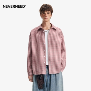 长袖 NEVERNEED美式 潮牌宽松百搭情侣款 男女春季 上衣 复古格子衬衫