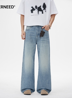 NEVERNEED冰蓝色牛仔裤男女夏季新款美式cleanfit宽松直筒A字裤潮