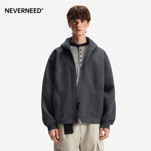 NEVERNEED400g重磅解构连帽卫衣男春节美式bxoy廓形短款开衫外套