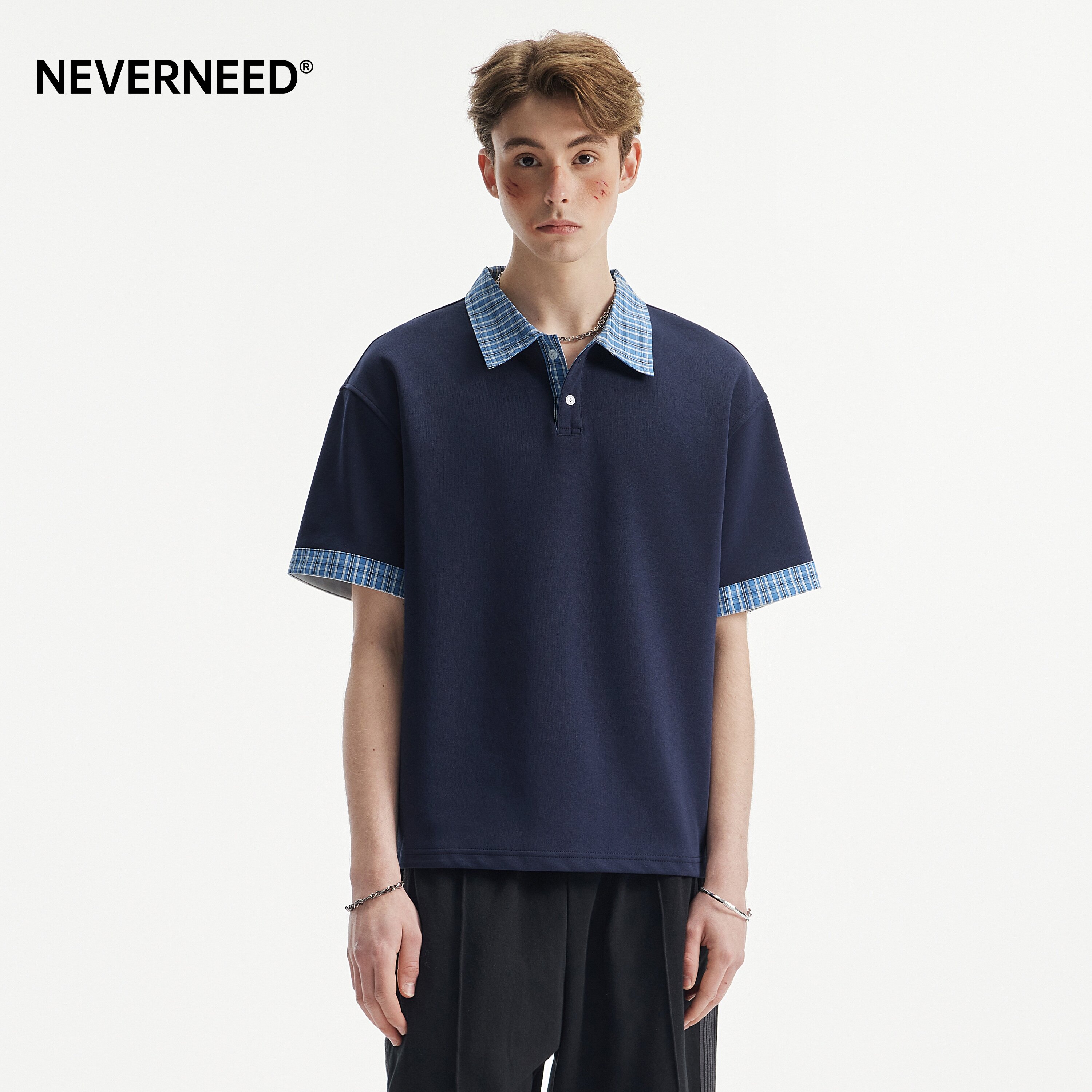 NEVERNEED假两件拼接格子T恤男图片