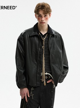 NEVERNEED黑色美式复古pu皮衣男秋季cleanfit潮牌情侣机车服外套
