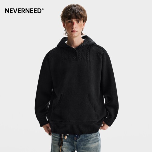 NEVERNEED纯色连帽针织衫男