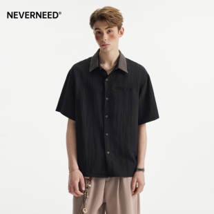 复古老钱风提花翻领衬衣潮 美式 NEVERNEED亚麻莱赛尔衬衫 男女夏季