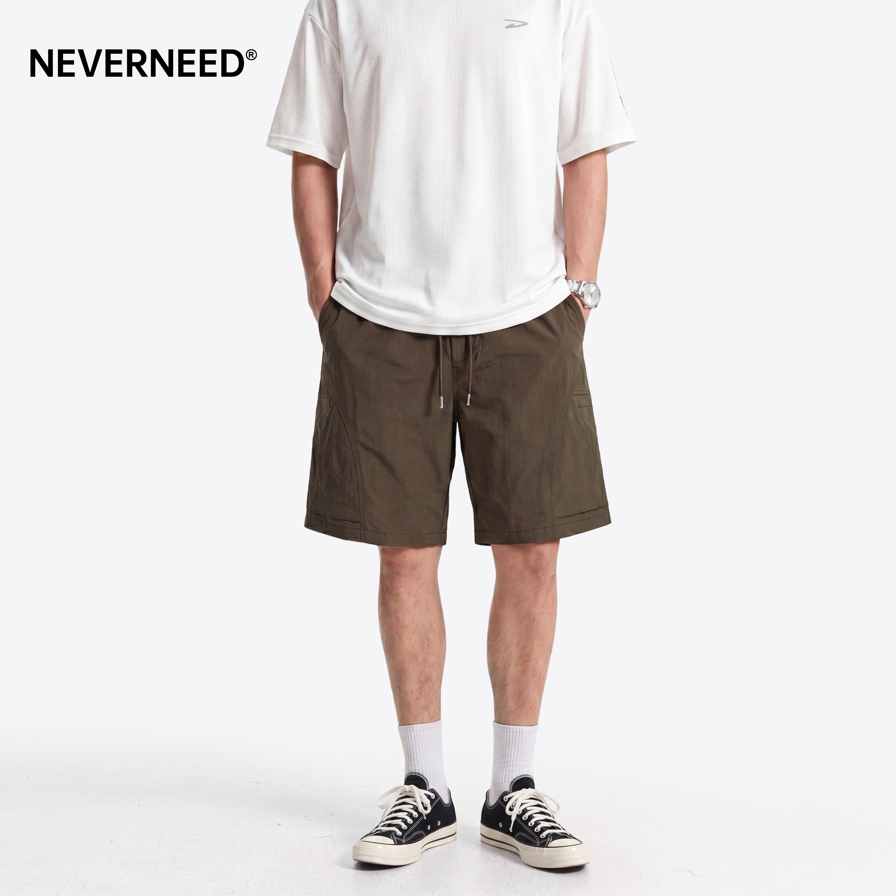 NEVERNEED多口袋拼接工装短裤男图片