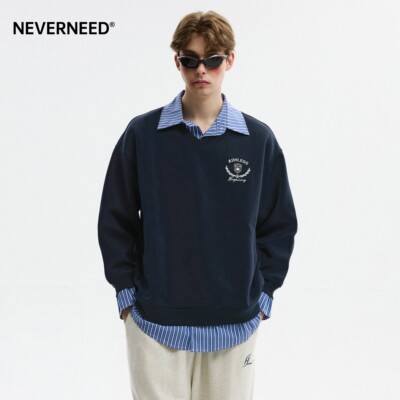 NEVERNEED假两件衬衫领卫衣男女