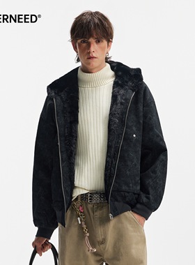 NEVERNEED黑色座山雕连帽棉服男女冬季美式复古cleanfit棉衣夹克