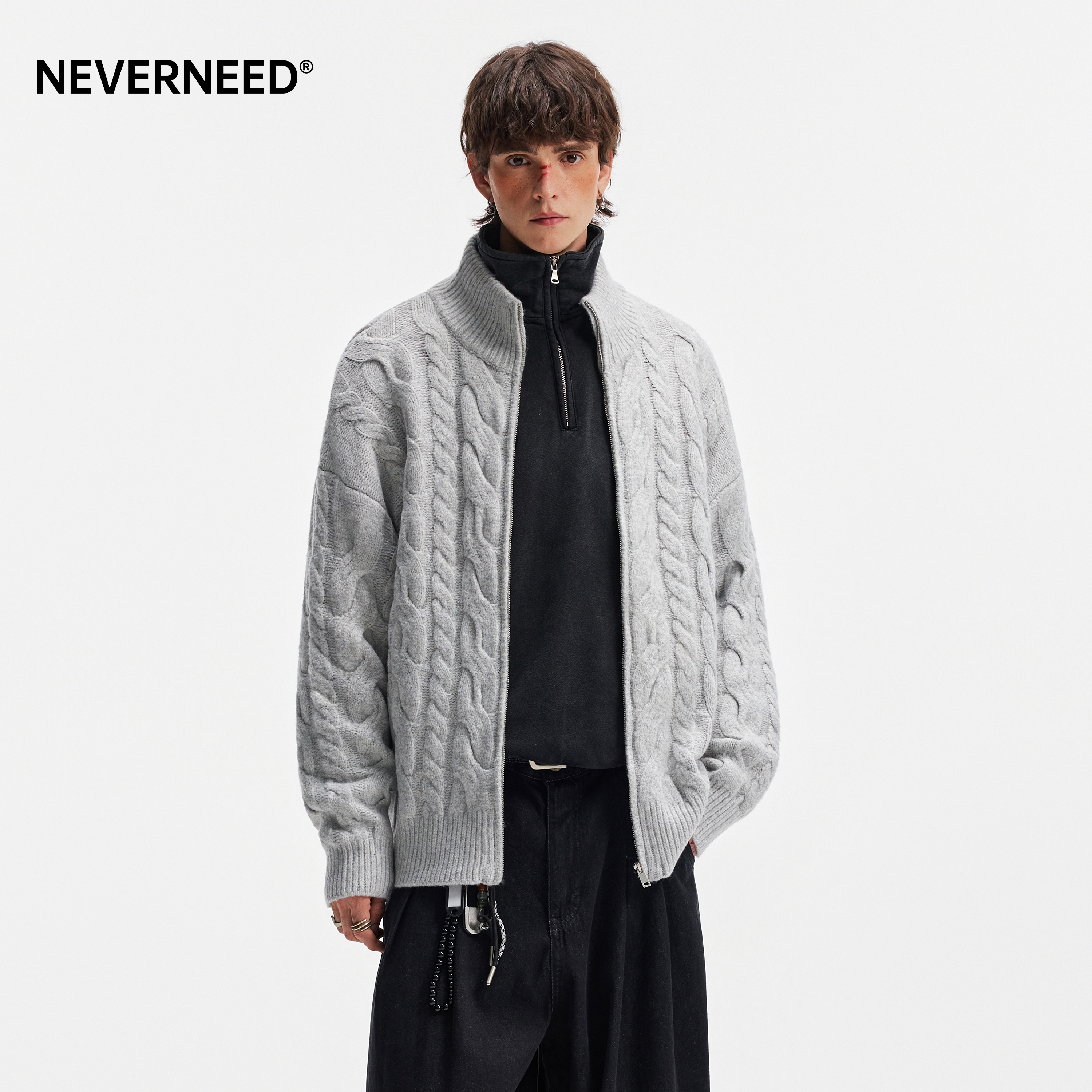 NEVERNEED绵羊毛麻花开衫毛衣男