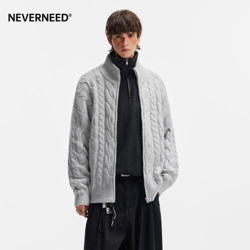 NEVERNEED绵羊毛麻花开衫毛衣男