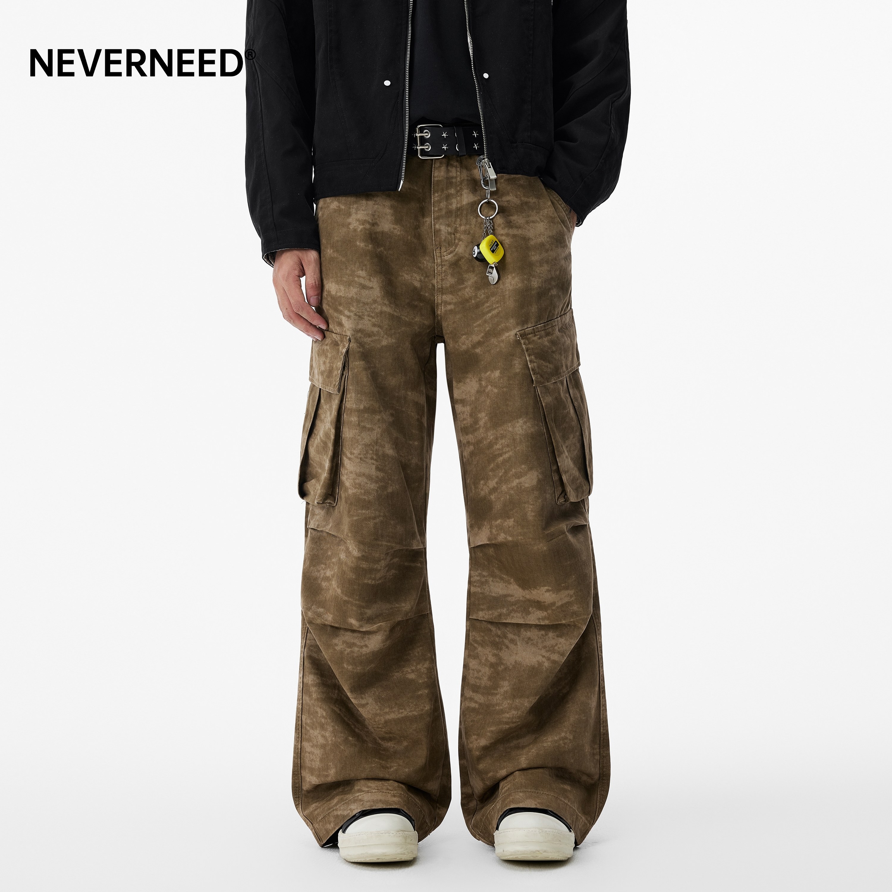 NEVERNEED迷彩直筒休闲裤男女秋季美式复古多口袋褶皱伞兵阔腿裤