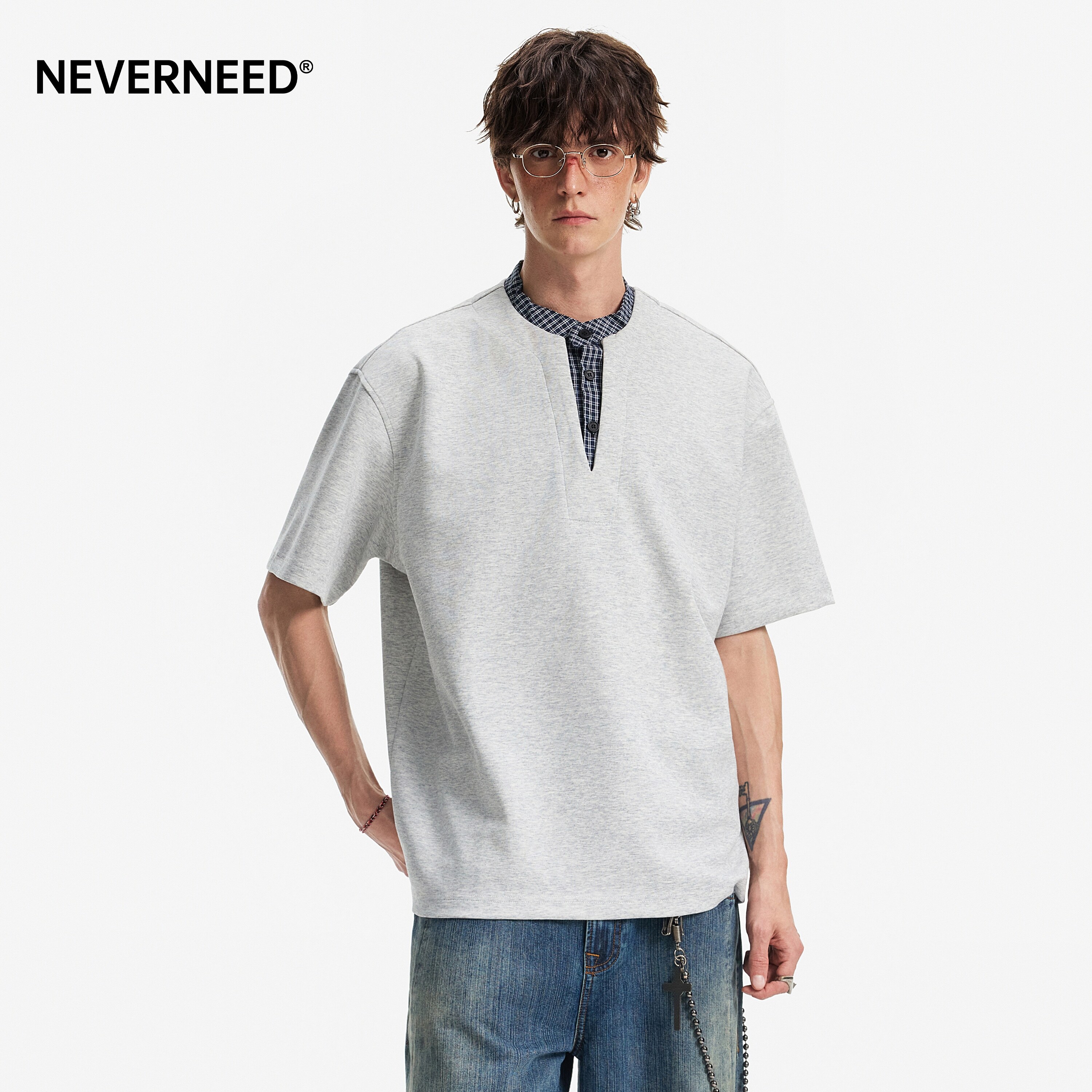 NEVERNEED假两件拼接格子T恤男图片